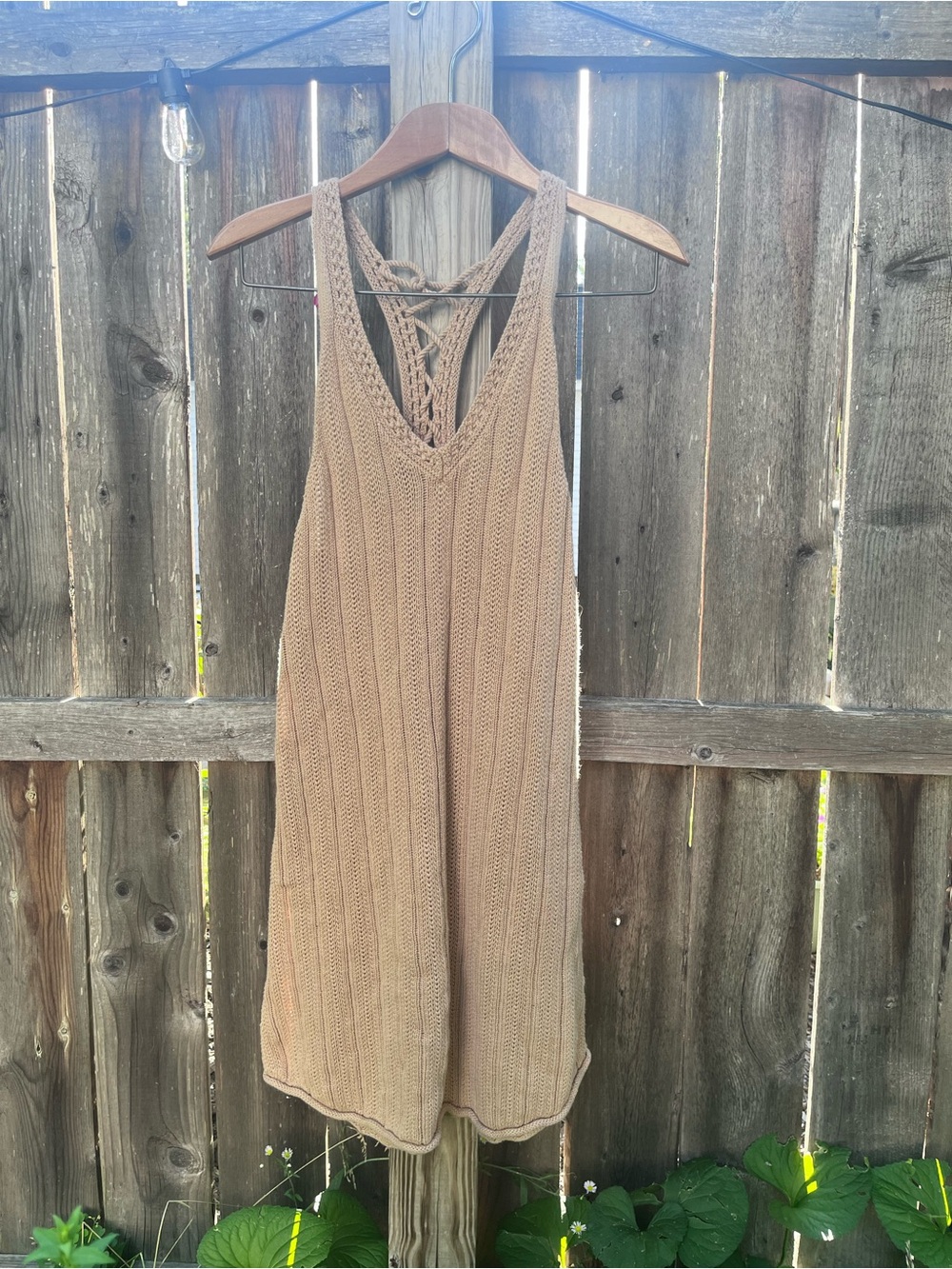 American Eagle Outfitters Crochet-Trim Knit Tank in Tan